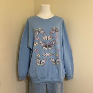 Aeropostale Womens Blue Butterfly Graphic Oversized Crewneck Sweatshirt Medium
